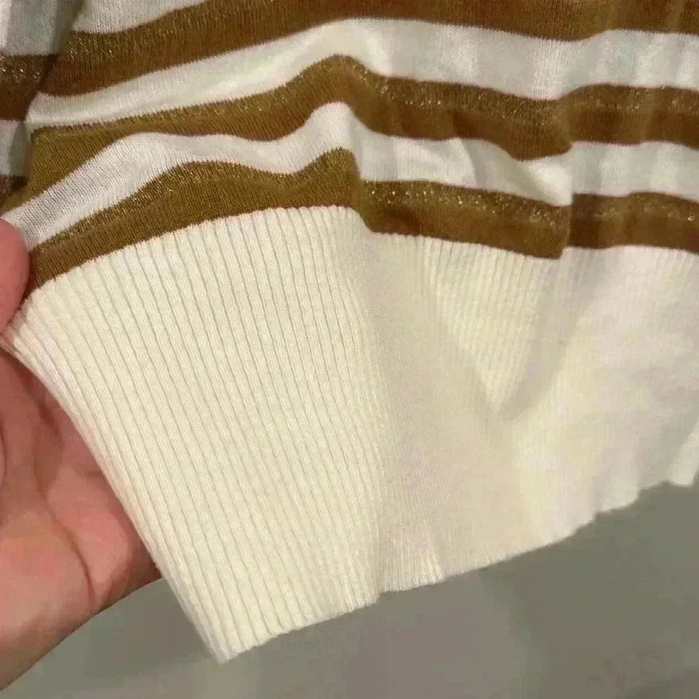 Loft Women’s Striped Puff Sleeve Knit Crewneck Sweater Pullover Tan White Size S - Picture 6 of 7
